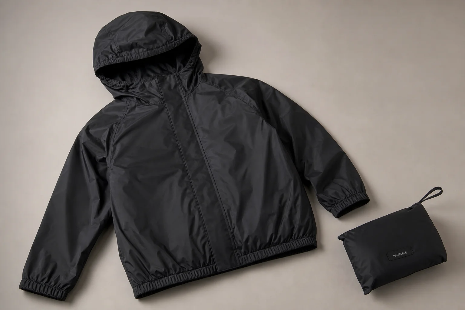 五件 Decathlon 雨衣與雨褲展示於中性色調的背景前