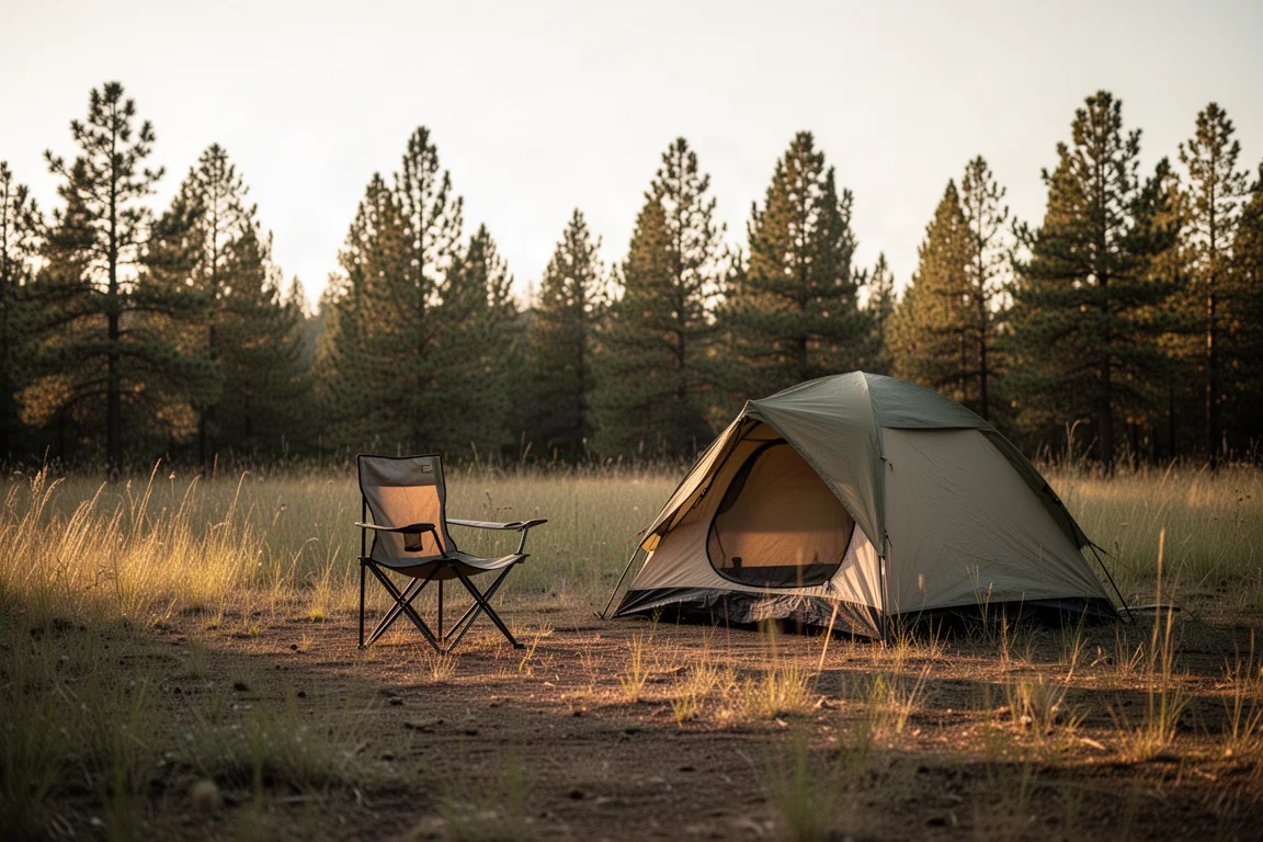 Camp chair set up beside a low tent at a campsite in golden hour light