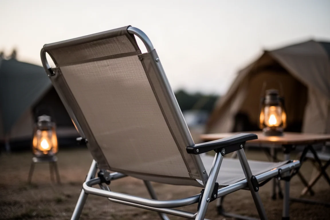 Low-angle detail of a reclined camp chair backrest frame and mesh at dusk