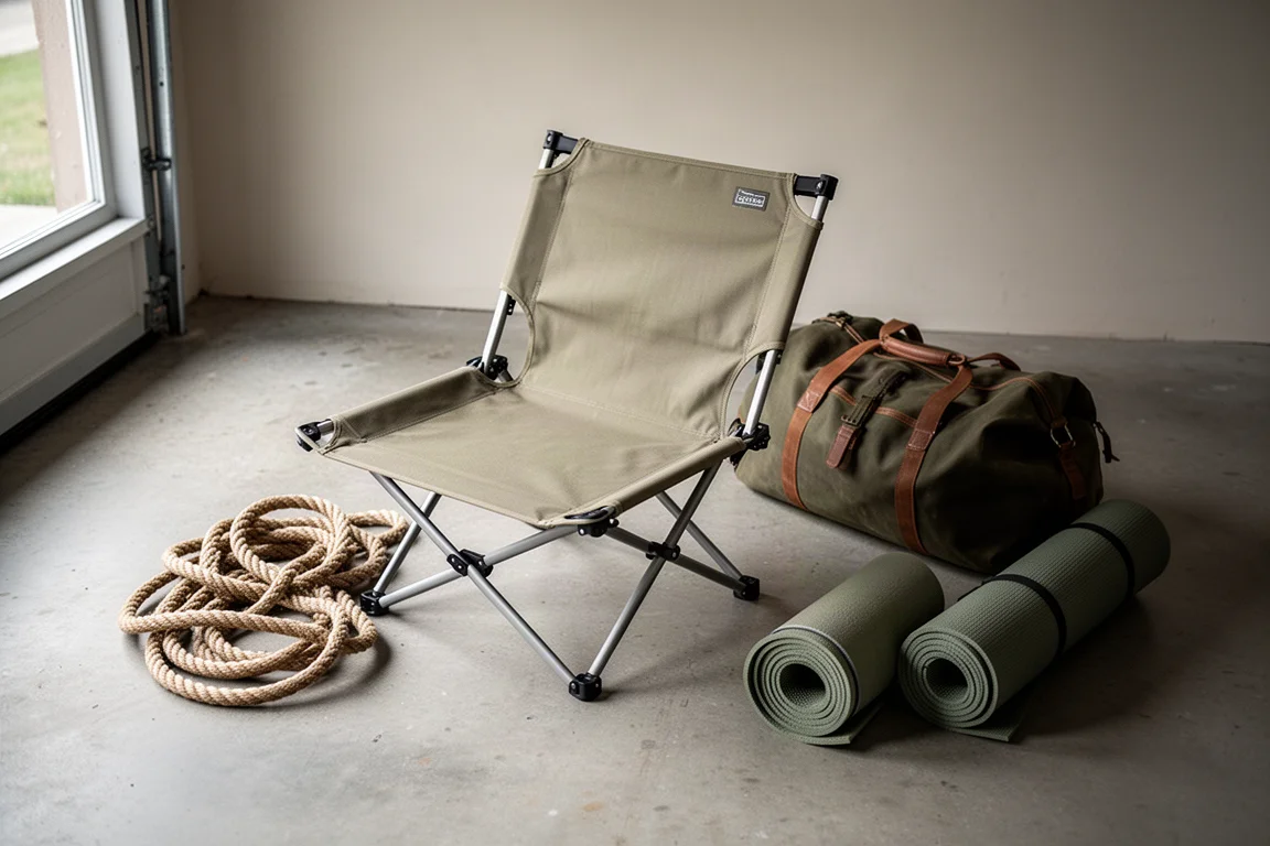 Folded flat camp chair on a concrete floor with camping gear nearby