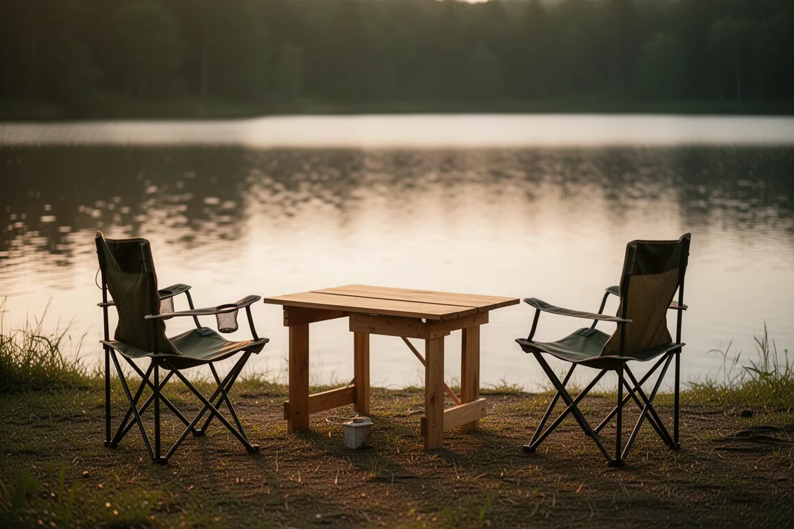 Lakeside campsite with a wooden table and two folding chairs in evening light