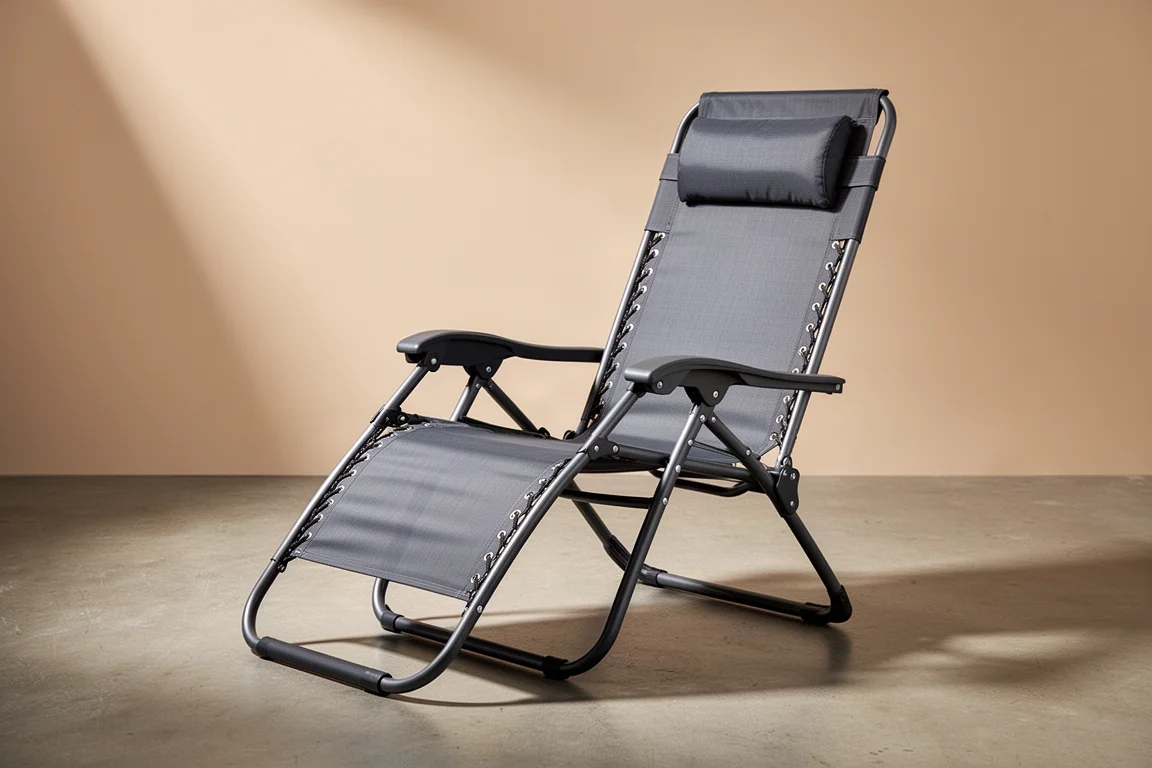 Folding reclining camp chair with mesh backrest and steel frame on concrete