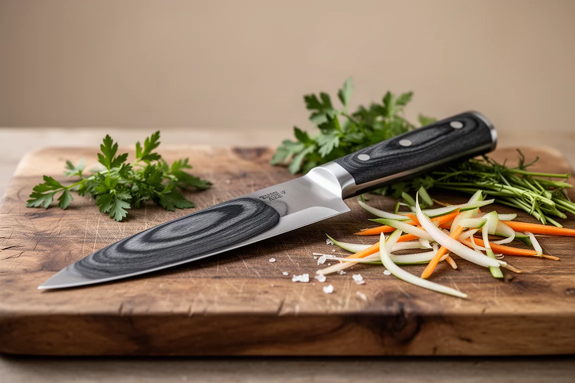 Handgefertigtes Chefmesser mit anthrazitfarbenem Griff auf einem hölzernen Schneidebrett