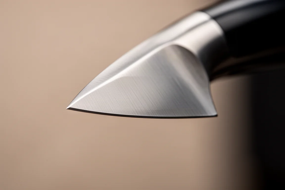 Detail der Messerspitze eines Chefmessers mit unverwechselbarem abfallendem Profil bei weichem Licht