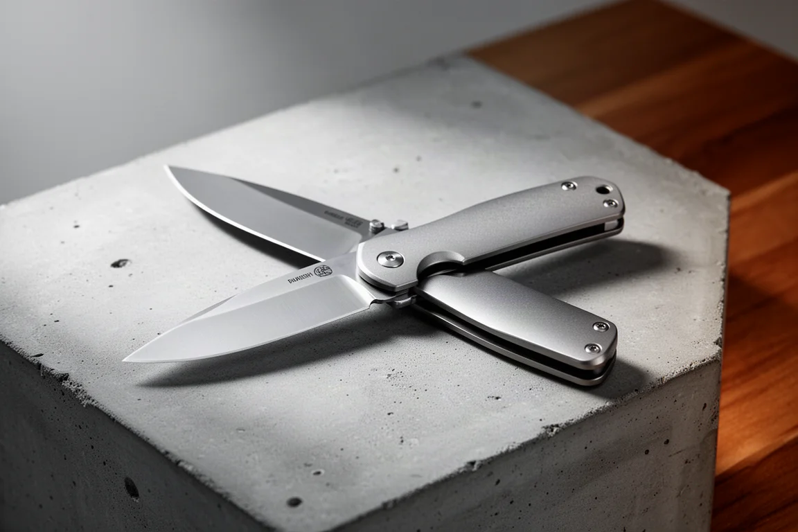Quentin Middleton Ona folding knife with titanium handle on concrete surface