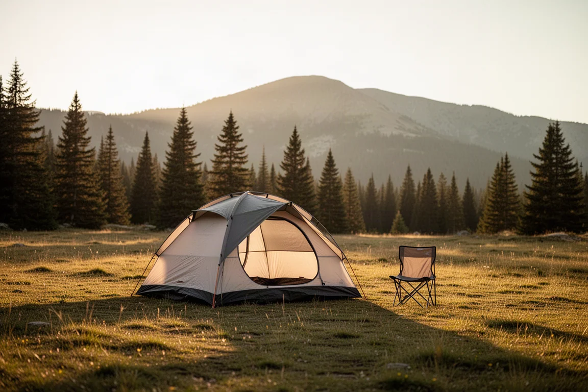 Barraca igloo em um acampamento na floresta ao anoitecer com nuvens de tempestade sobre uma cordilheira distante