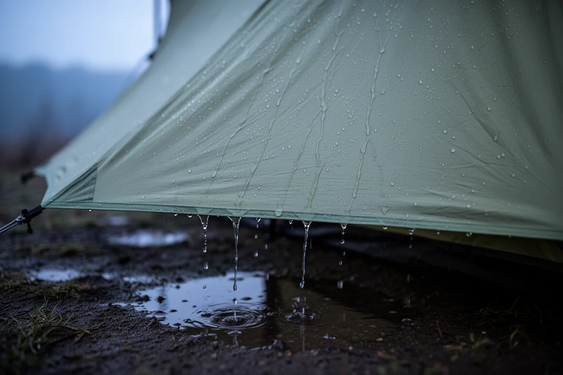 Acampamento molhado ao amanhecer com cadeira de camping, caneca e porta traseira de veículo na névoa