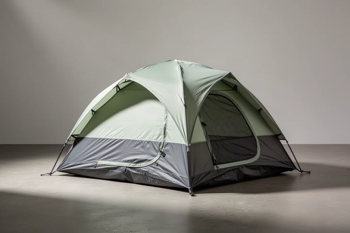 Compact three-person dome camping tent pitched on a neutral surface in soft studio light