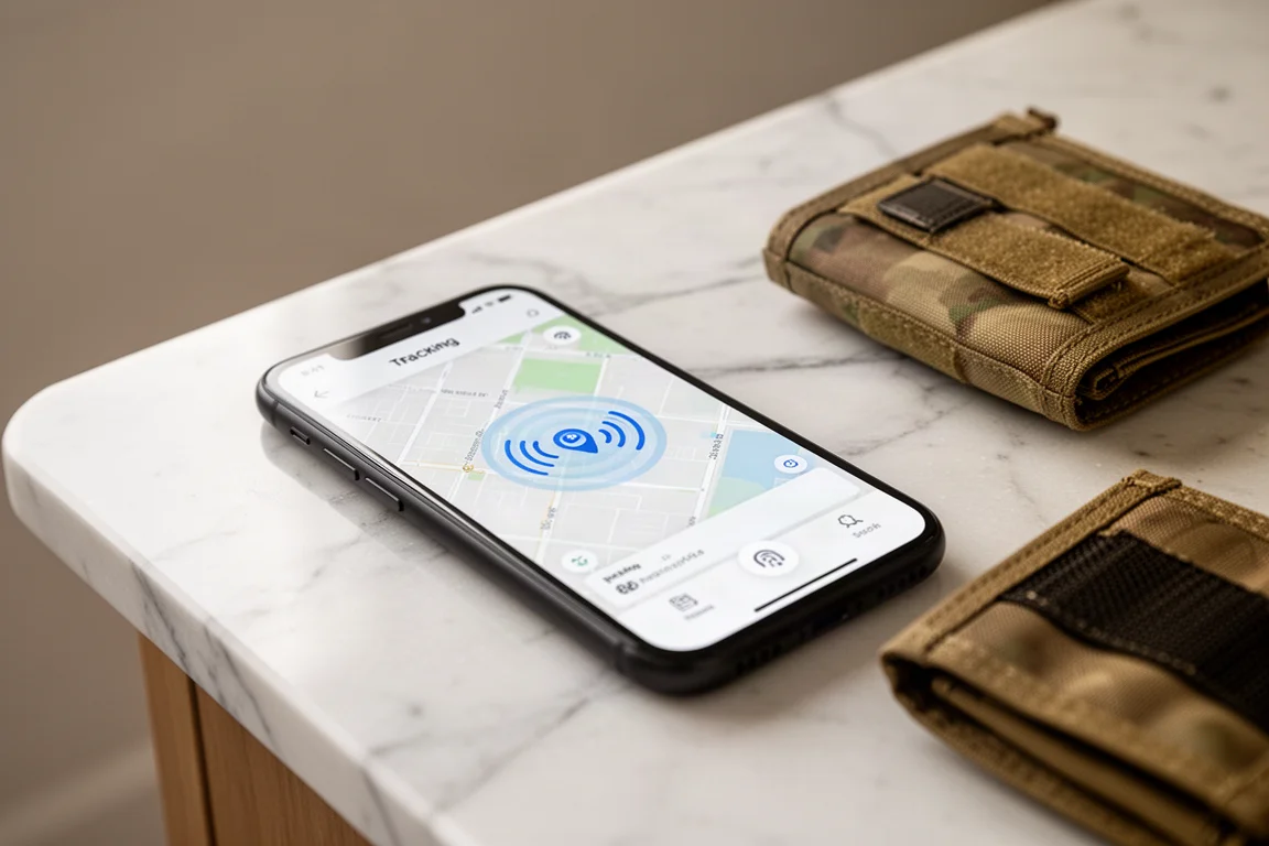 Écran de smartphone affichant l'interface d'une application de localisation de portefeuille à la maison