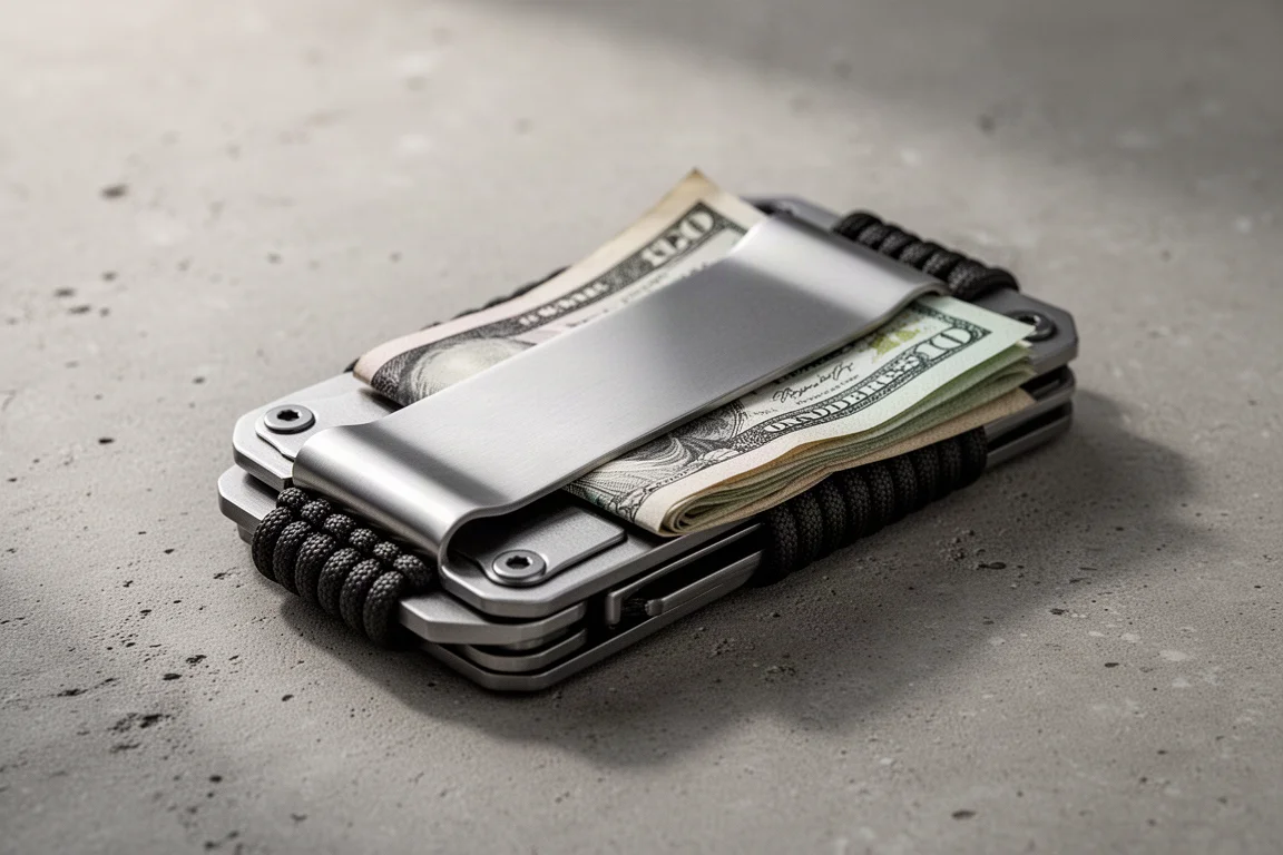 Clip à billets du portefeuille tenant des billets pliés sur une surface en béton