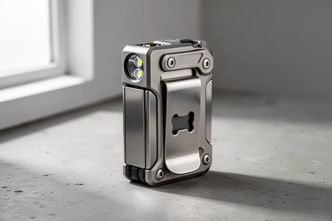 Portafoglio tattico Quick Light Tech Tracker con piastre in acciaio inox e torcia integrata su calcestruzzo