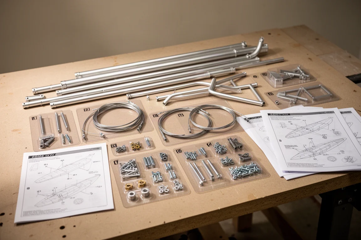 Ultralight kit parts laid out on numbered blister boards