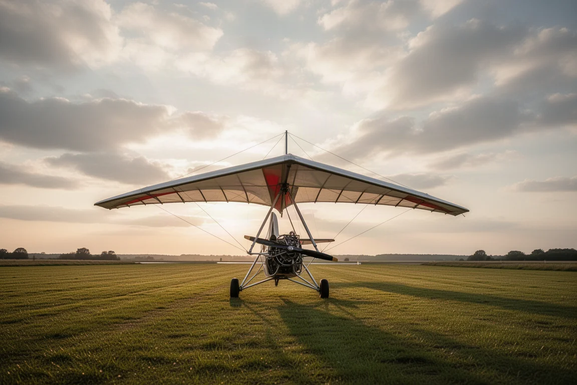 Grass airstrip with ultralight aircraft and open sky