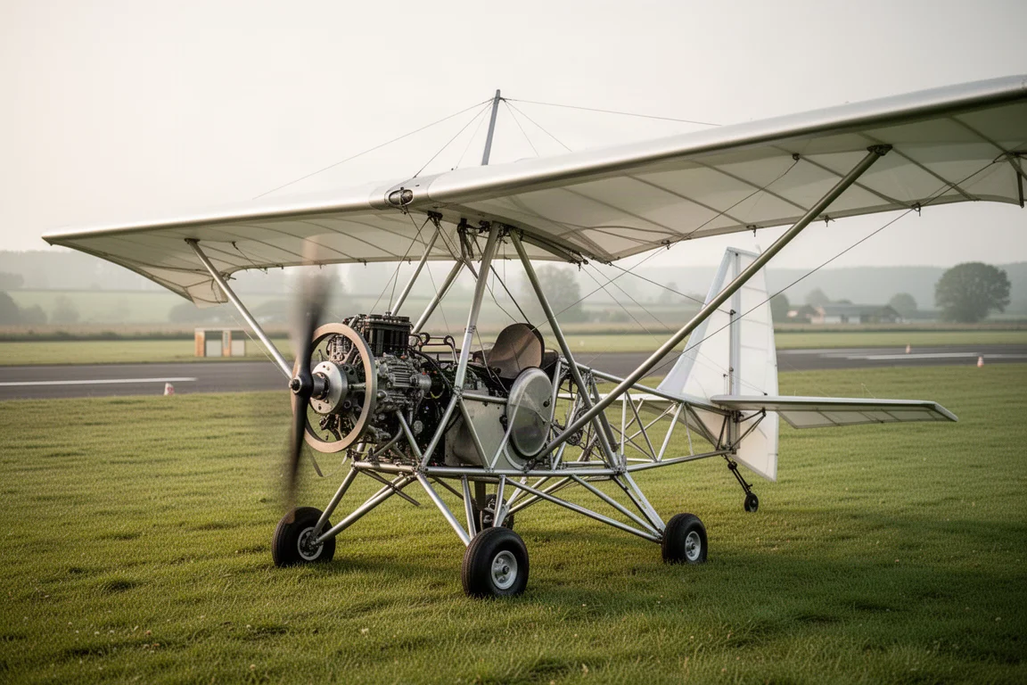 Open-cockpit ultralight aircraft with fabric wing parked on grass airfield