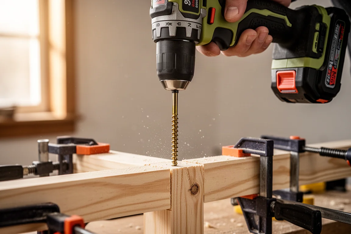 Cordless impact driver sinking a long screw into a wood stud on a workbench