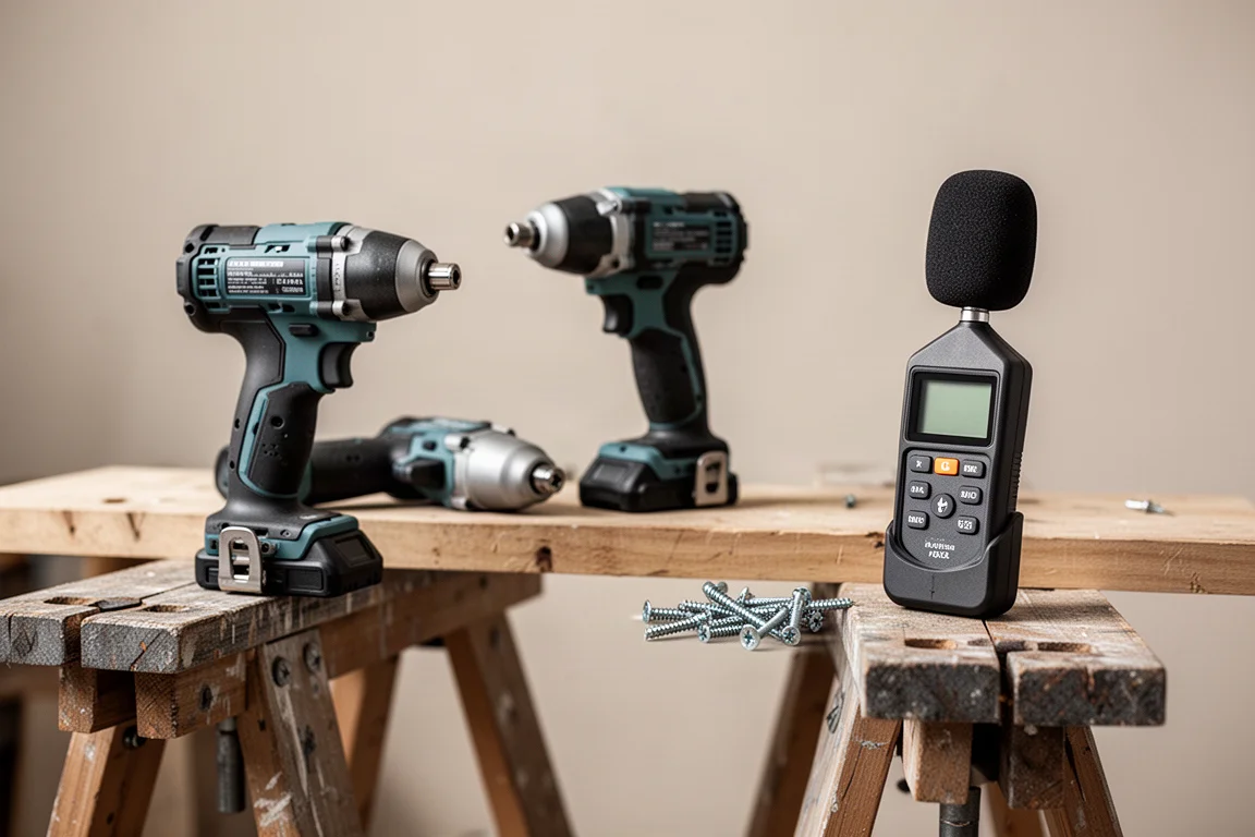 Two impact drivers resting on a workbench beside a decibel meter