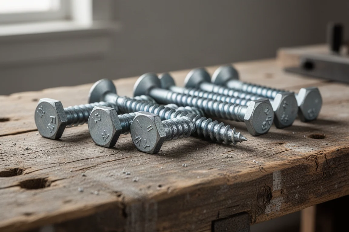 Workbench close-up of long structural lag screws arranged in a row