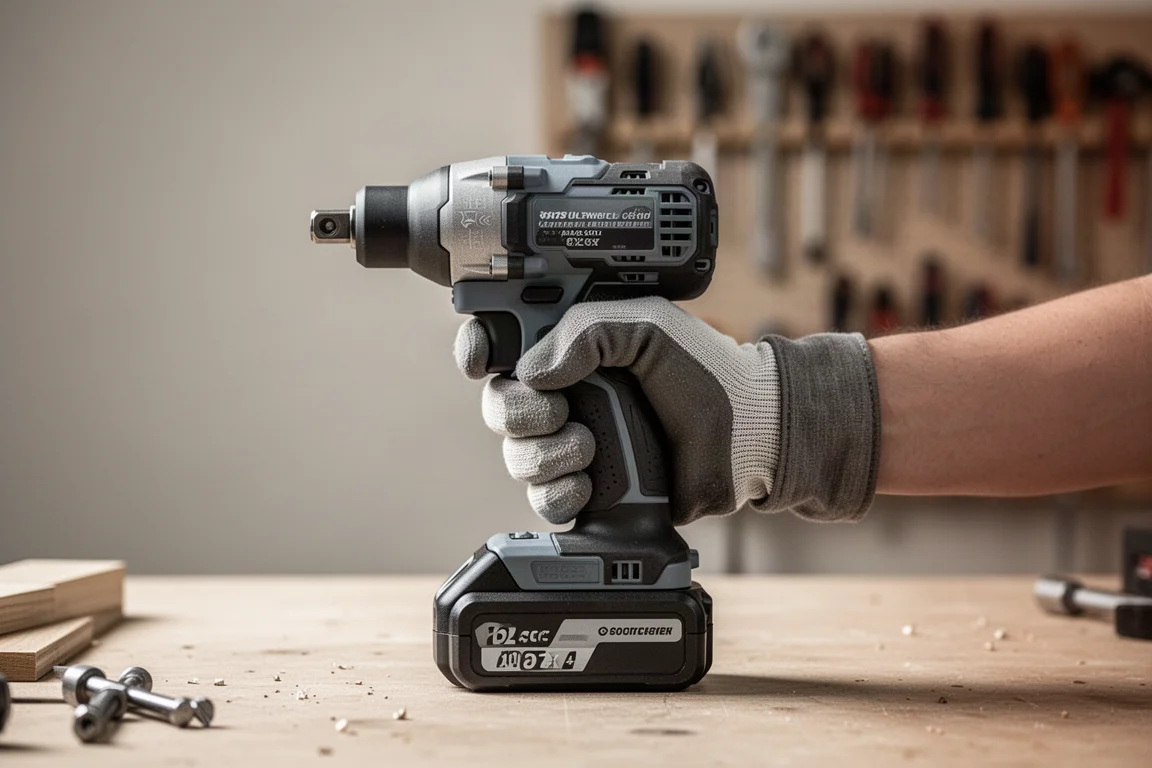 Hands balancing an impact driver with battery pack attached over a workbench