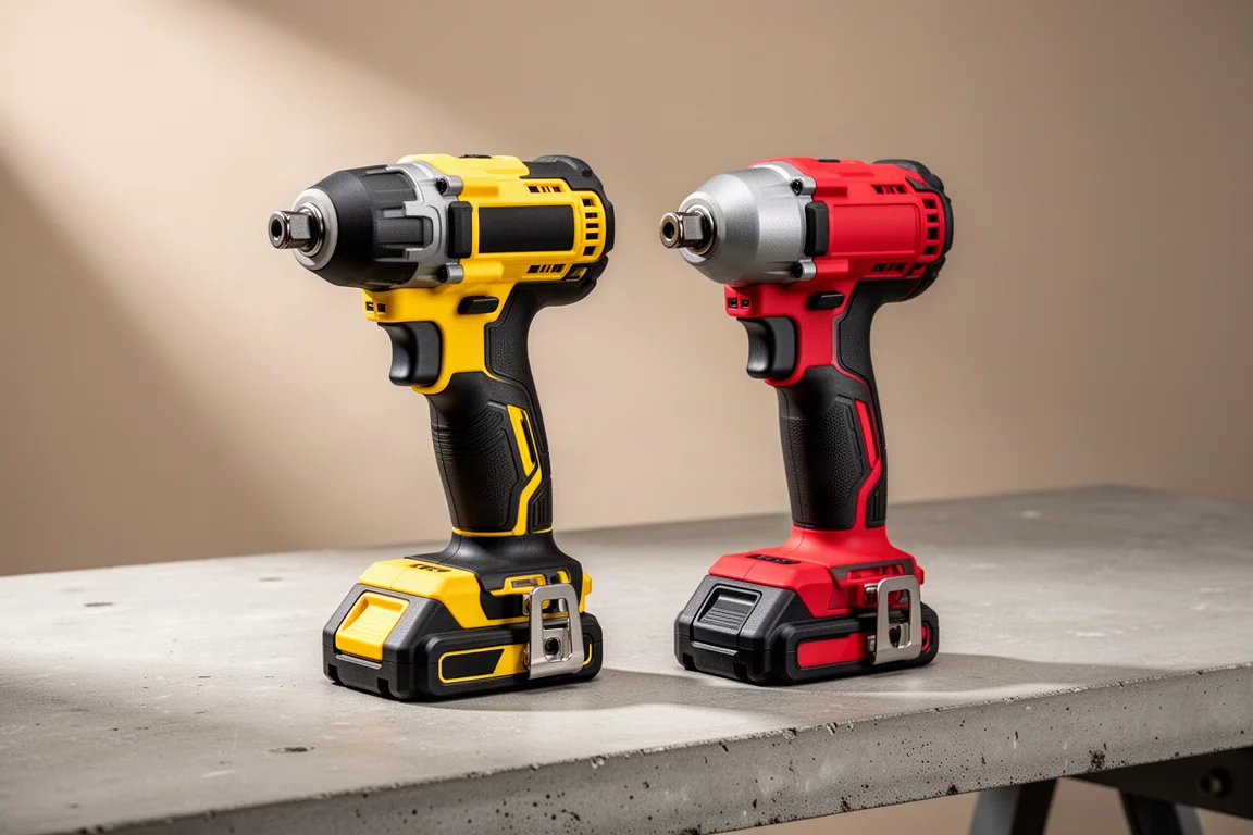 DeWalt and Milwaukee quiet impact drivers side by side on a concrete workbench