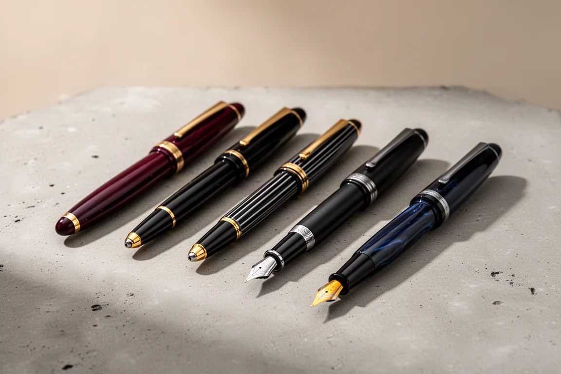 Five elegant fountain pens arranged in a diagonal row on concrete