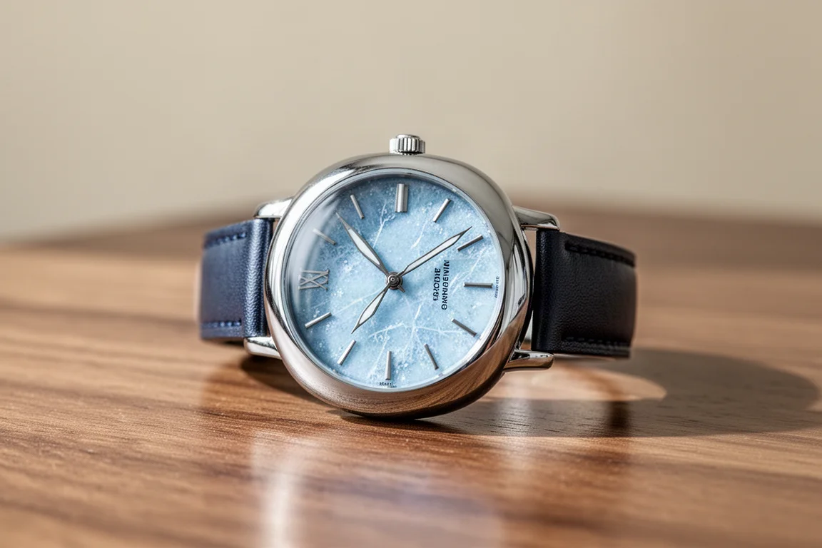 Grand Seiko SBGY007 Omi Watari mit hellblauem, strukturiertem Zifferblatt an einem Lederarmband