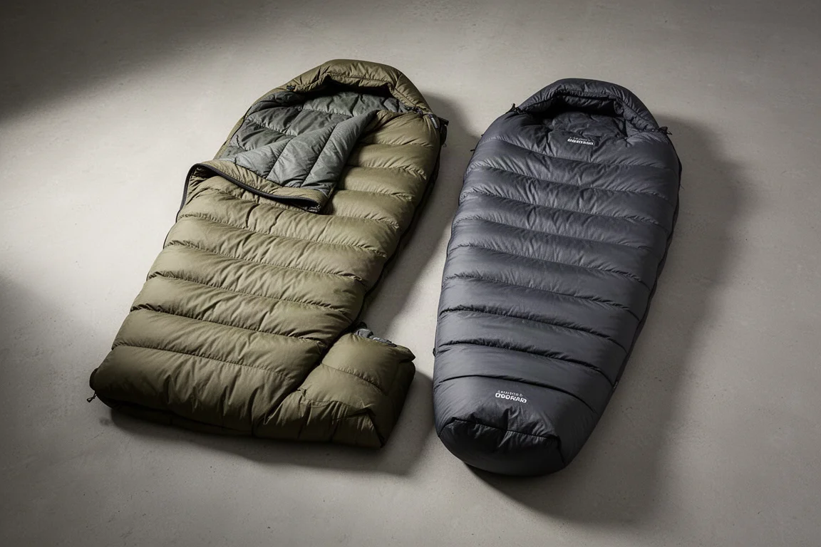Lekki quilt backpackingowy i śpiwór mumia obok siebie na betonie