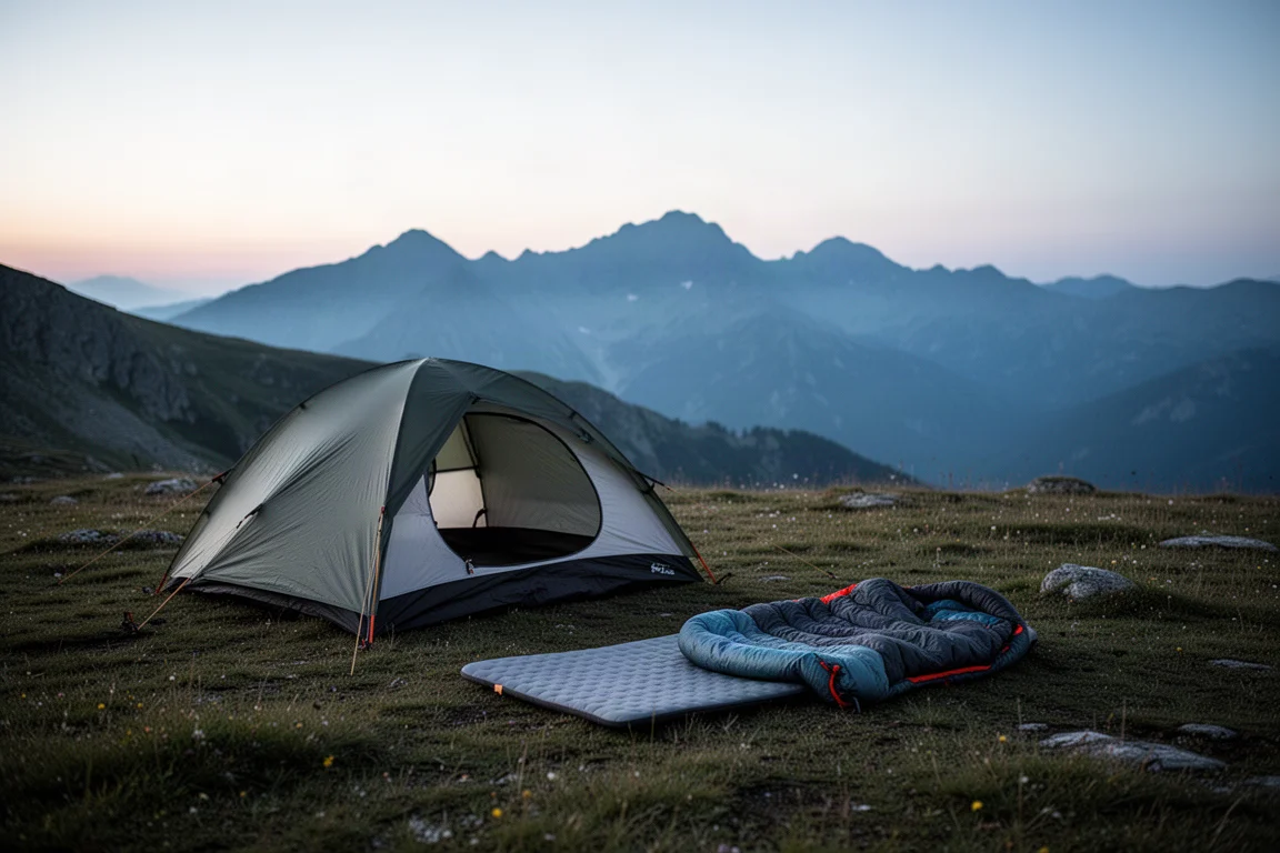 Campeggio in backcountry al crepuscolo con tenda, materassino e sacco a pelo stesi