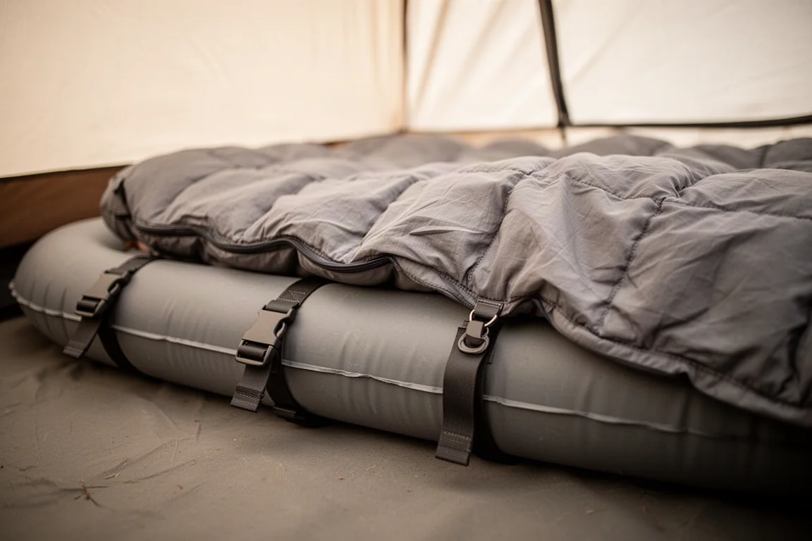 Primo piano delle cinghie e del bordo del quilt su un materassino gonfiabile dentro una tenda