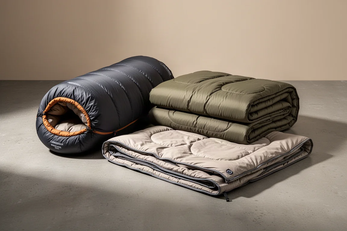Backpacking quilts and sleeping bags arranged on a matte concrete surface