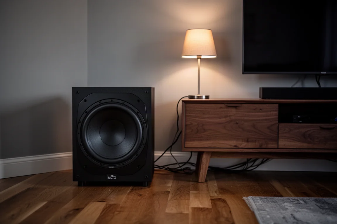 Dunkle Wohnzimmerecke mit einem großen schwarzen aktiven Subwoofer neben einer niedrigen Medienkonsole