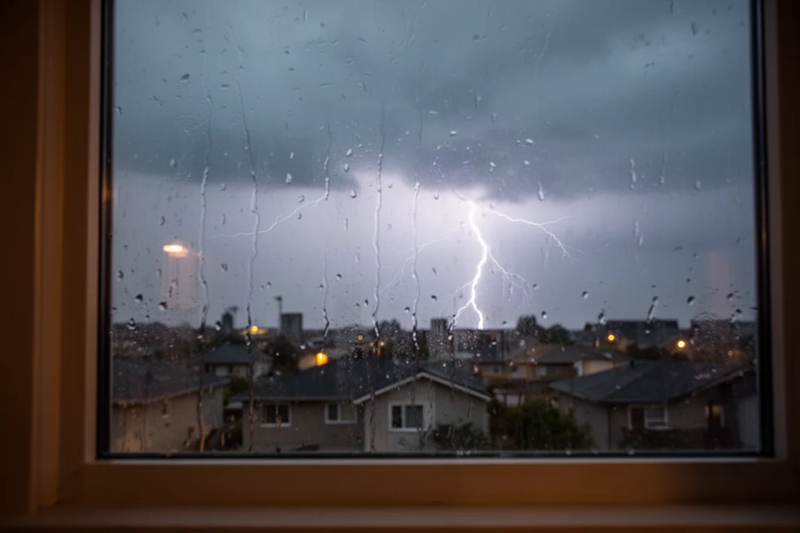 Regennasses Fenster in der Dämmerung mit fernem Blitz über einer Vorstadt-Silhouette