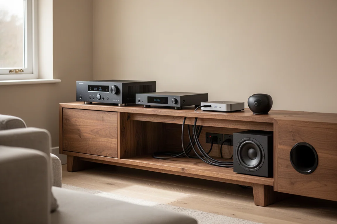 Ordentliches Heim-Audio-Rack mit Receiver, Streamer und sauber verlegten Kabeln