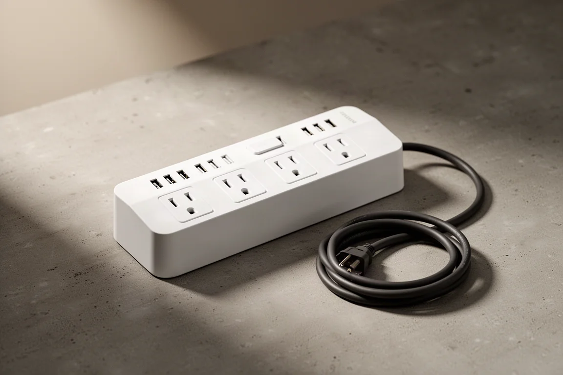 White surge protector power strip with five widely spaced outlets and four USB ports