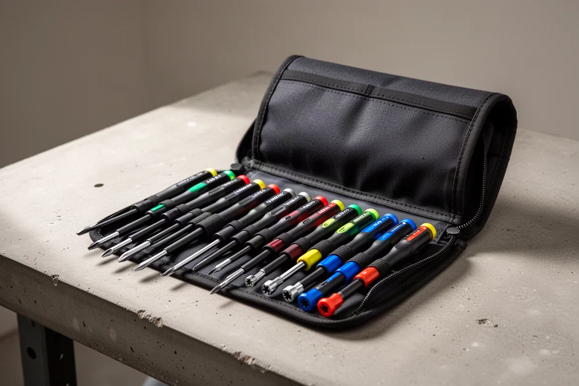 12-piece precision screwdriver set with open fabric roll case on a workbench