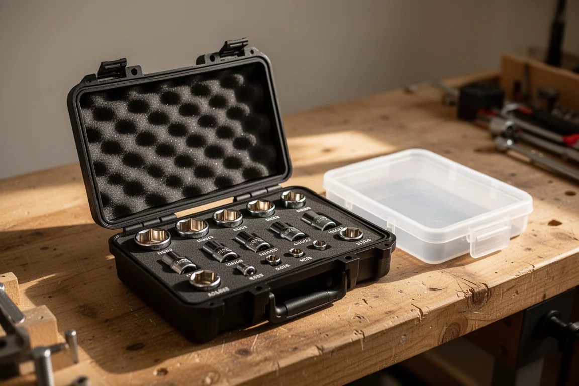 Foam-lined socket case open on a workshop bench showing organized sockets