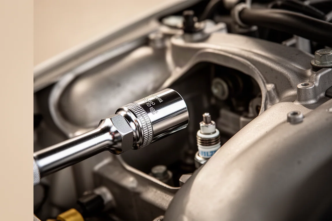 Thin-wall socket fitting onto a spark plug in a deep engine bay recess