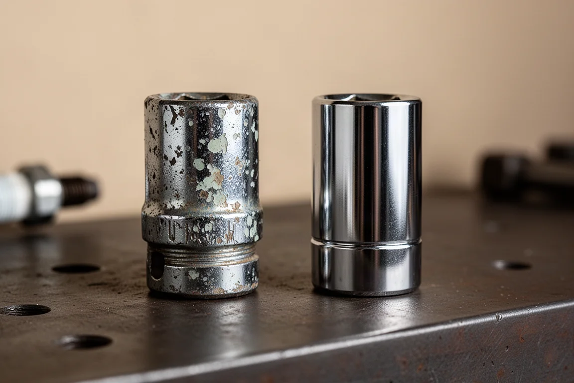 Worn older socket with flaking chrome next to a new polished socket for comparison