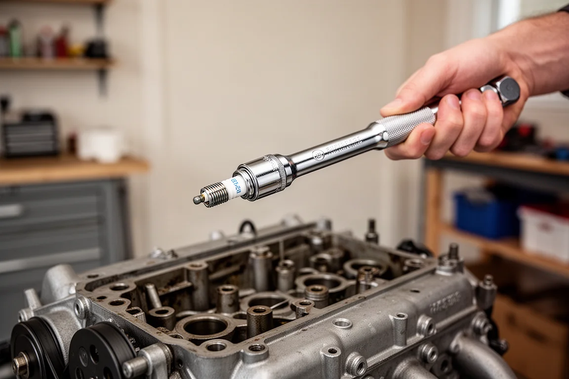 Spark plug socket holding a plug firmly on an extension in a garage setting