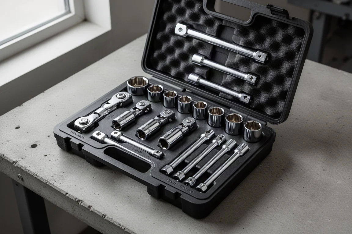 14-piece spark plug socket set arranged in a foam-lined case on a workshop bench