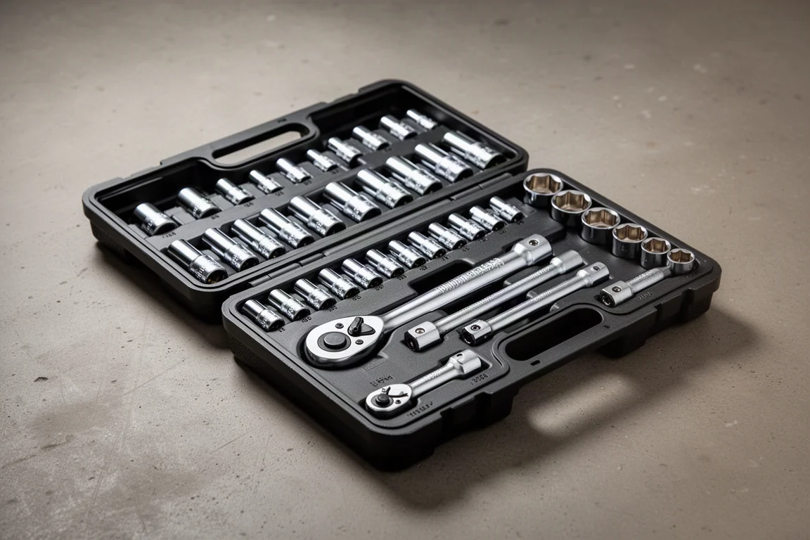 Open socket set case with chrome sockets, ratchet, and extensions on a workshop floor