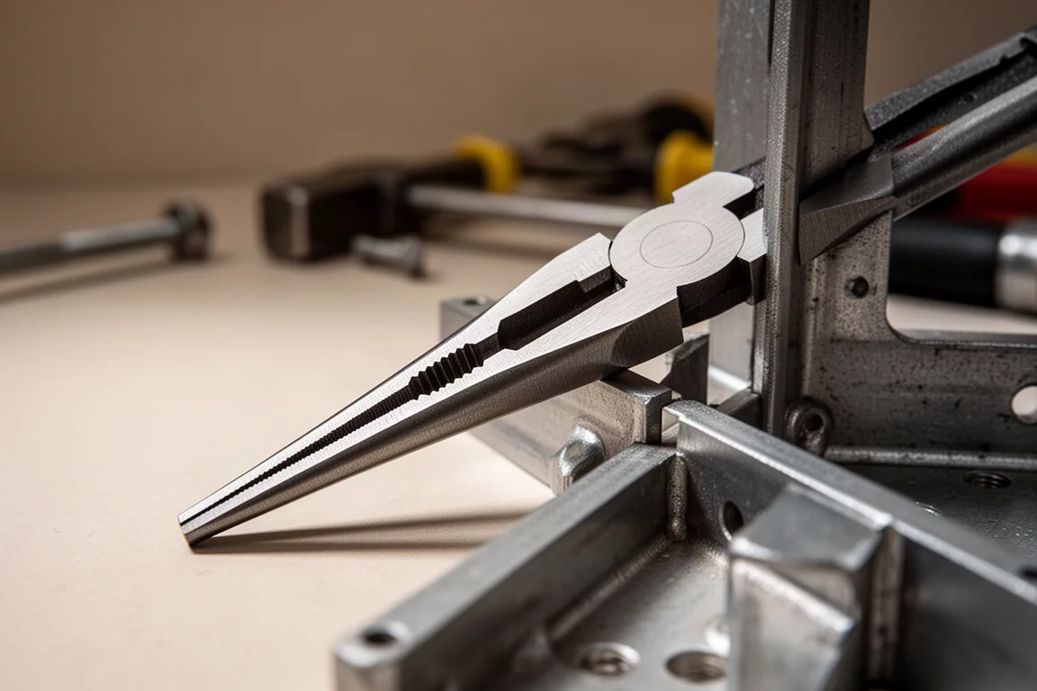 Close-up of a long nose plier jaw gripping a small fastener in dim workshop lighting