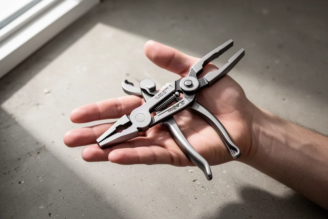 Open hand holding a pair of pliers in a relaxed grip, showing textured handles