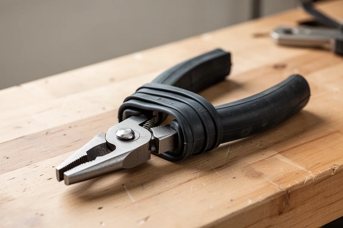 Rubber bands cut from a bicycle inner tube wrapped around plier handles