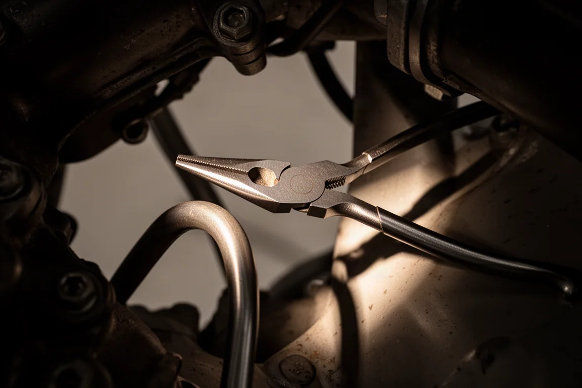 Angled plier head working around an obstruction in a shadowed engine bay area