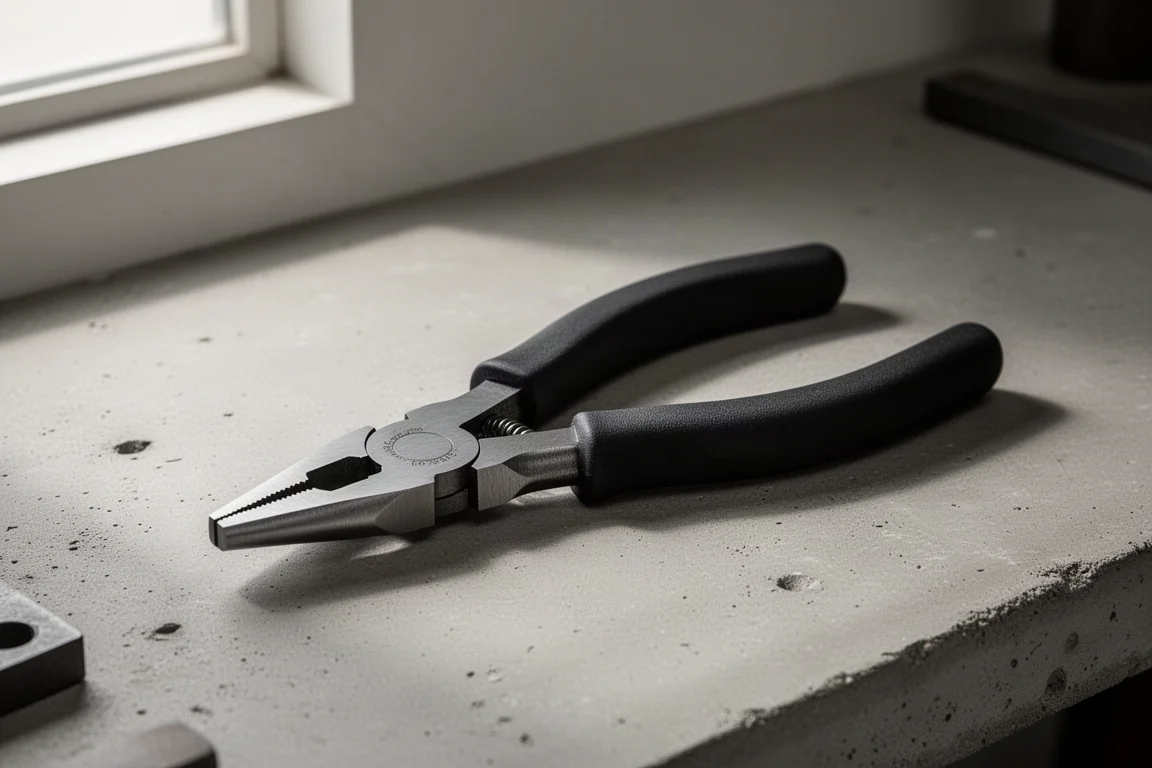 Quinn 8-inch pistol grip long nose pliers with angled head on a concrete workbench