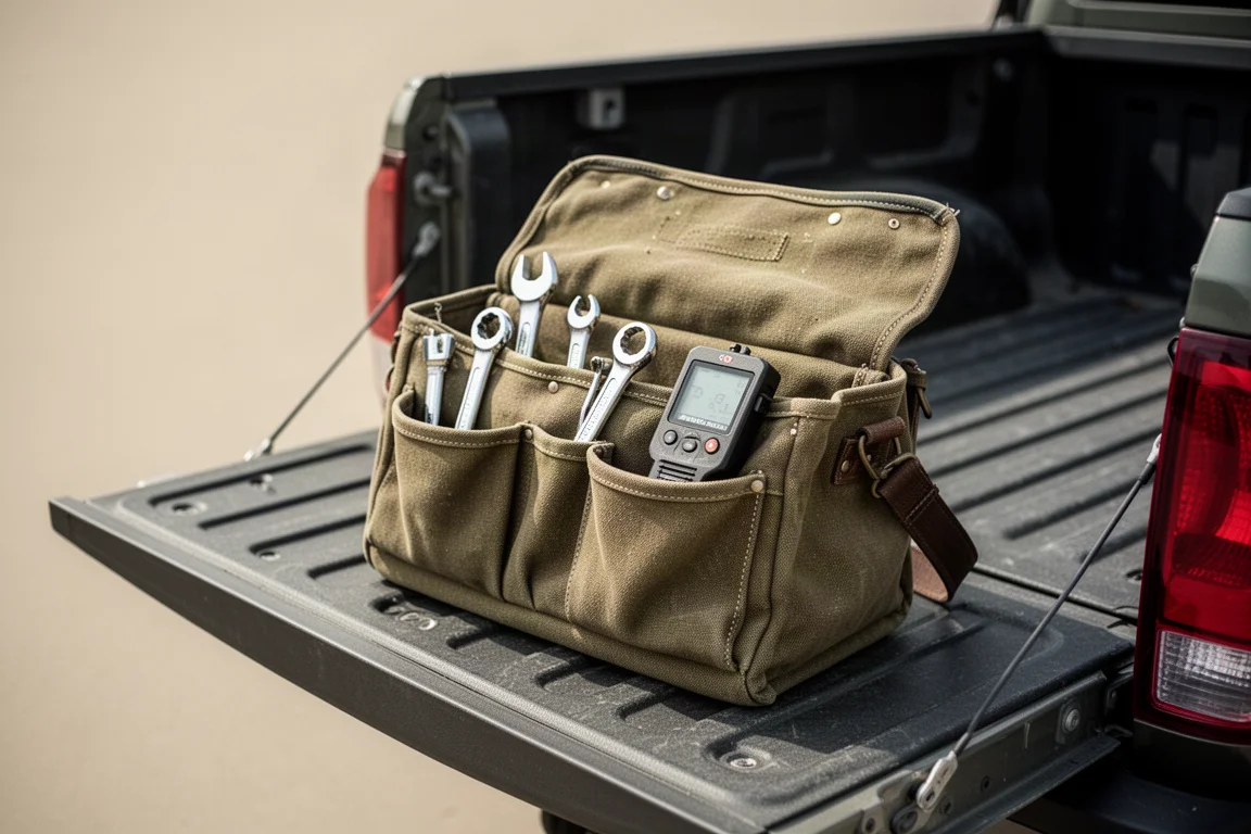 Kompakte Werkzeugtasche auf einer Lkw-Ladeklappe mit Handwerkzeugen
