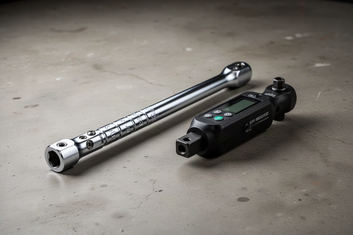 Quinn extendable breaker bar and digital torque adapter side by side on concrete