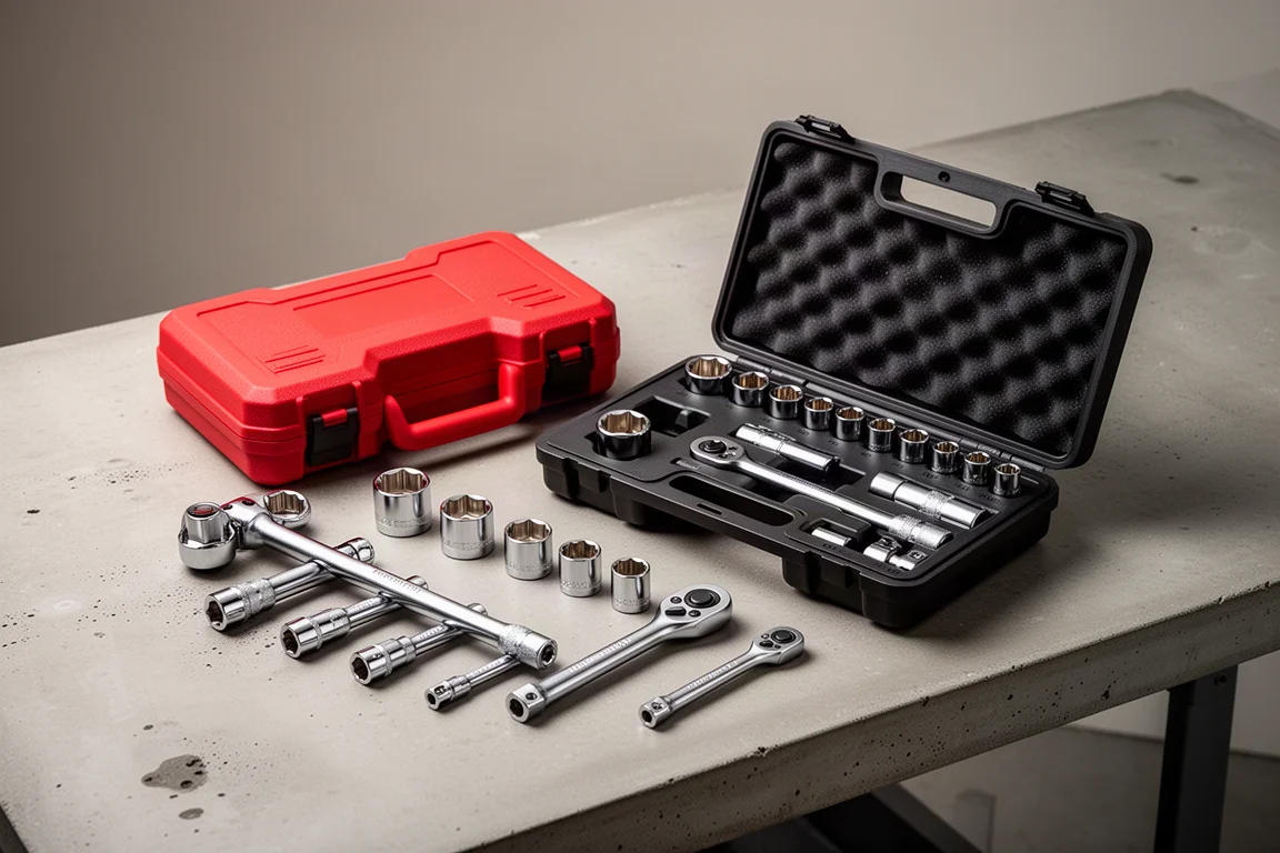 Assorted socket sets, cases, and ratchets arranged on a workbench