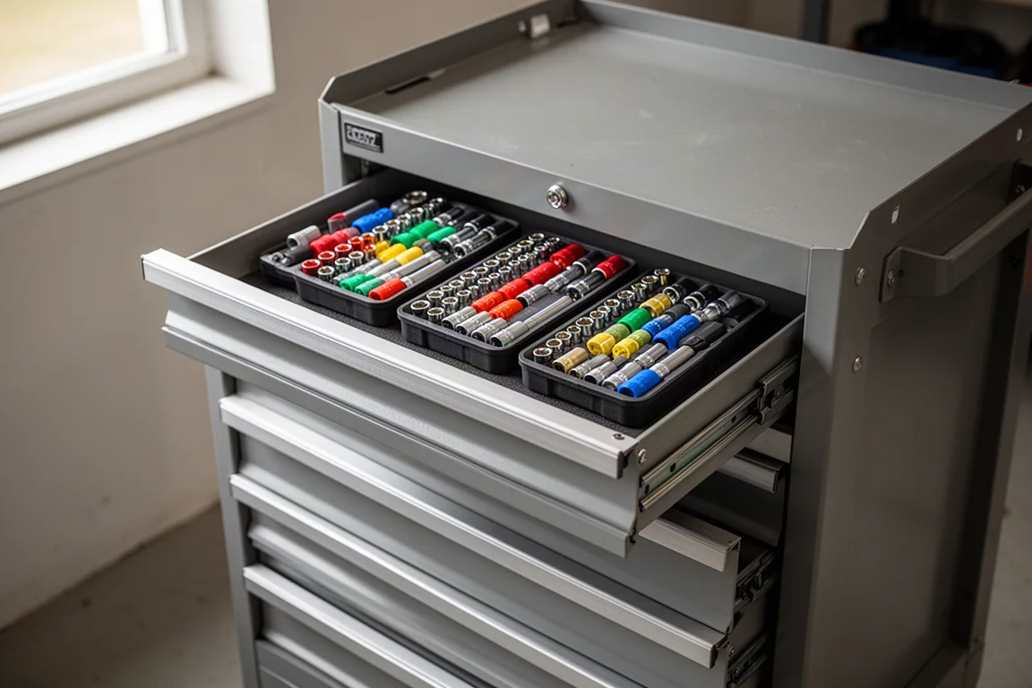 Five socket trays lined up in an open five-drawer tool cart
