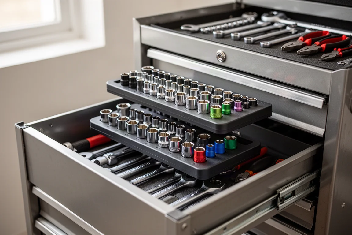 Stacked socket trays fitted into a deeper tool cart drawer